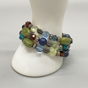 Premiere Designs Beaded Bracelet Costa Rica Spiral Wrap Coil Blue Green Silver